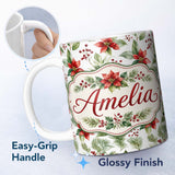 Personalized Custom Name Watercolor Poinsettia Flowers Holly Leave Red Berries Seamless 11oz Ceramic Coffee Tea Mug White Large Handle
