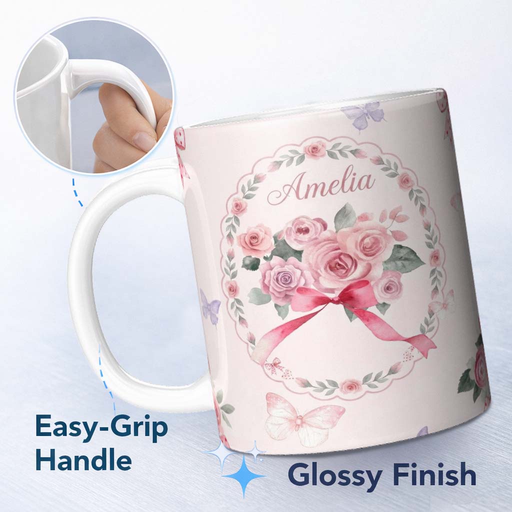 Personalized Custom Name Cute Watercolor Roses Bouquet with Red Ribbon Light Pink Background 11oz Ceramic Coffee Tea Mug White Large Handle