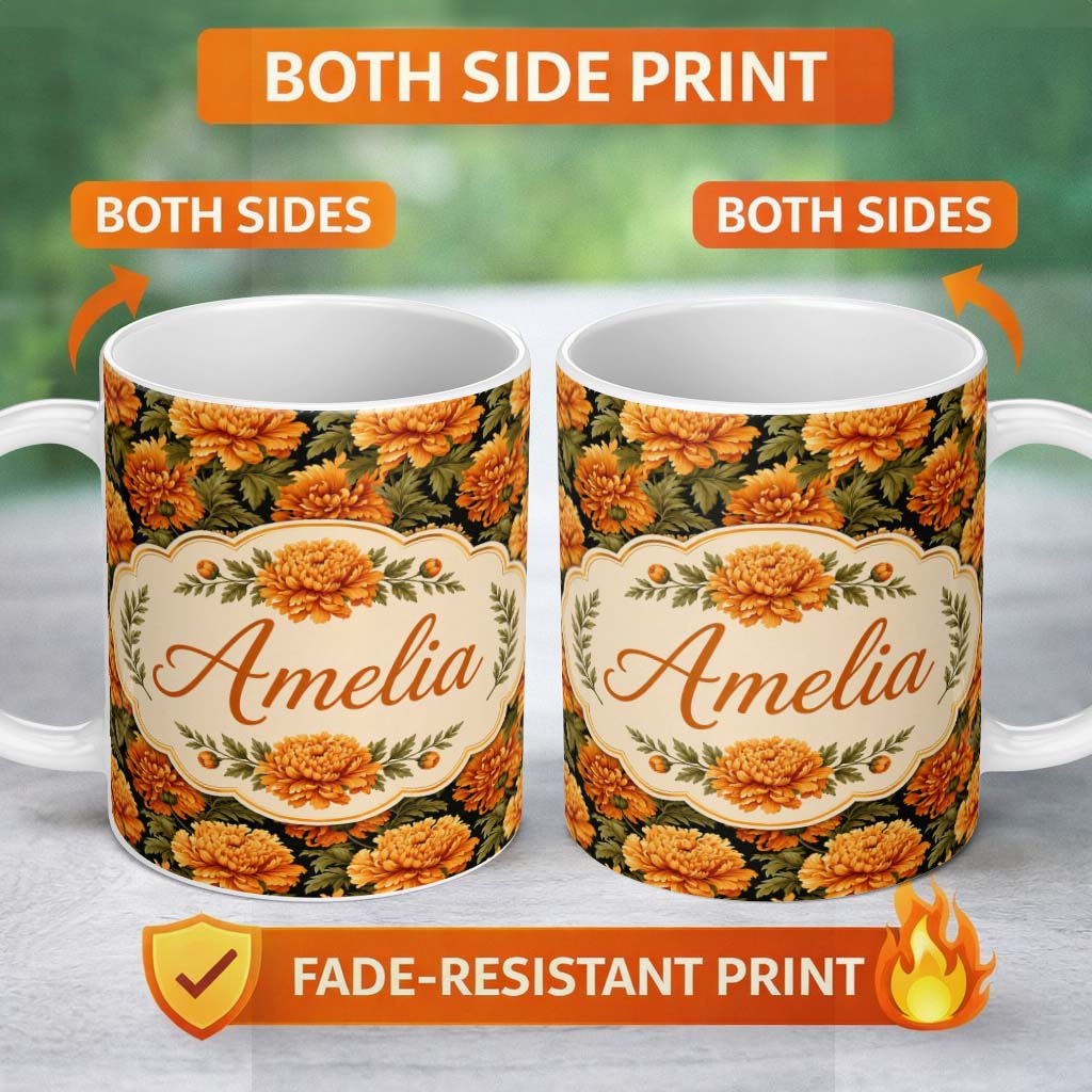 Personalized Custom Name Bold Orange Chrysanthemum Floral Seamless Pattern on Black Lovely 11oz Ceramic Coffee Tea Mug White Large Handle