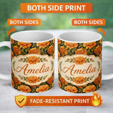 Personalized Custom Name Bold Orange Chrysanthemum Floral Seamless Pattern on Black Lovely 11oz Ceramic Coffee Tea Mug White Large Handle