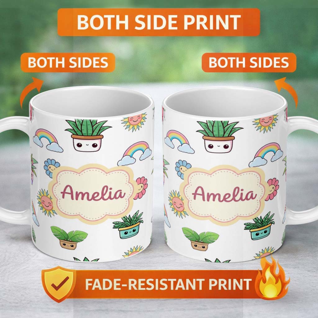 Personalized Custom Name Cute Kawaii Rainbow Sun Flowers Plant Pots Seamless Pattern Grey 11oz Ceramic Coffee Tea Mug White Large Handle
