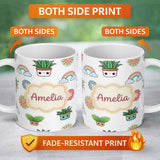 Personalized Custom Name Cute Kawaii Rainbow Sun Flowers Plant Pots Seamless Pattern Grey 11oz Ceramic Coffee Tea Mug White Large Handle