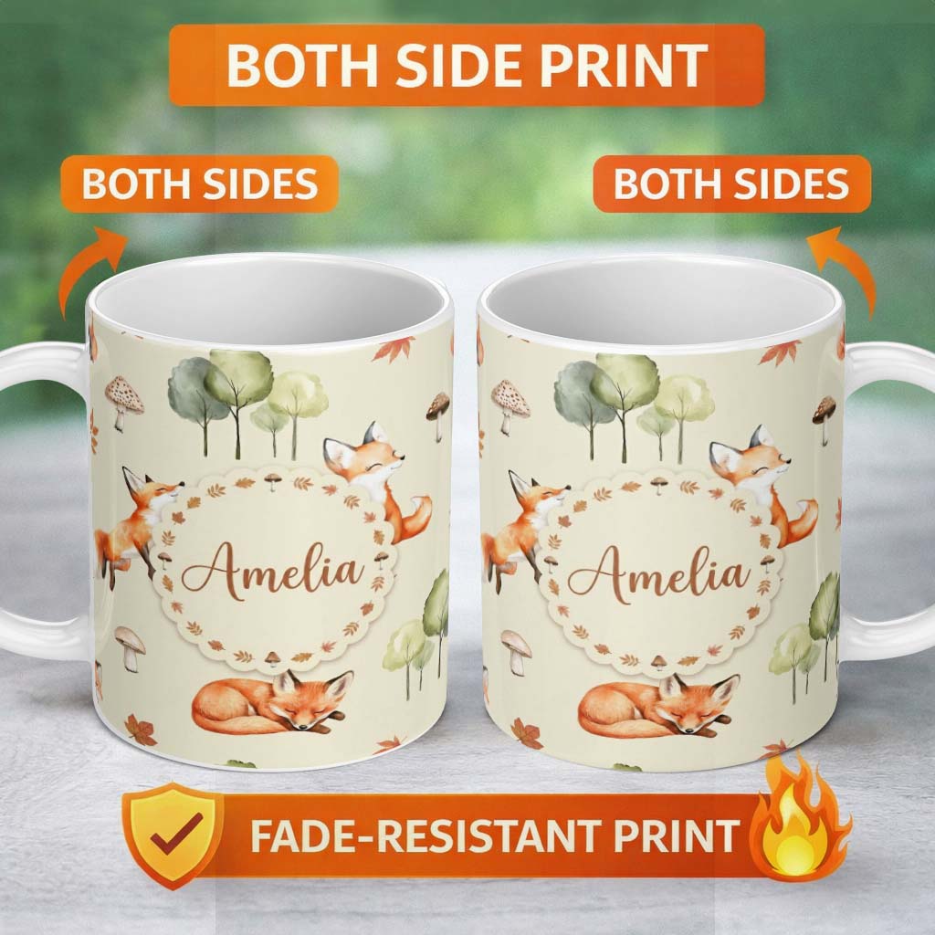 Personalized Custom Name Watercolor Woodland Fox Mushroom Autumn Seamless Pattern on Beige 11oz Ceramic Coffee Tea Mug White Large Handle