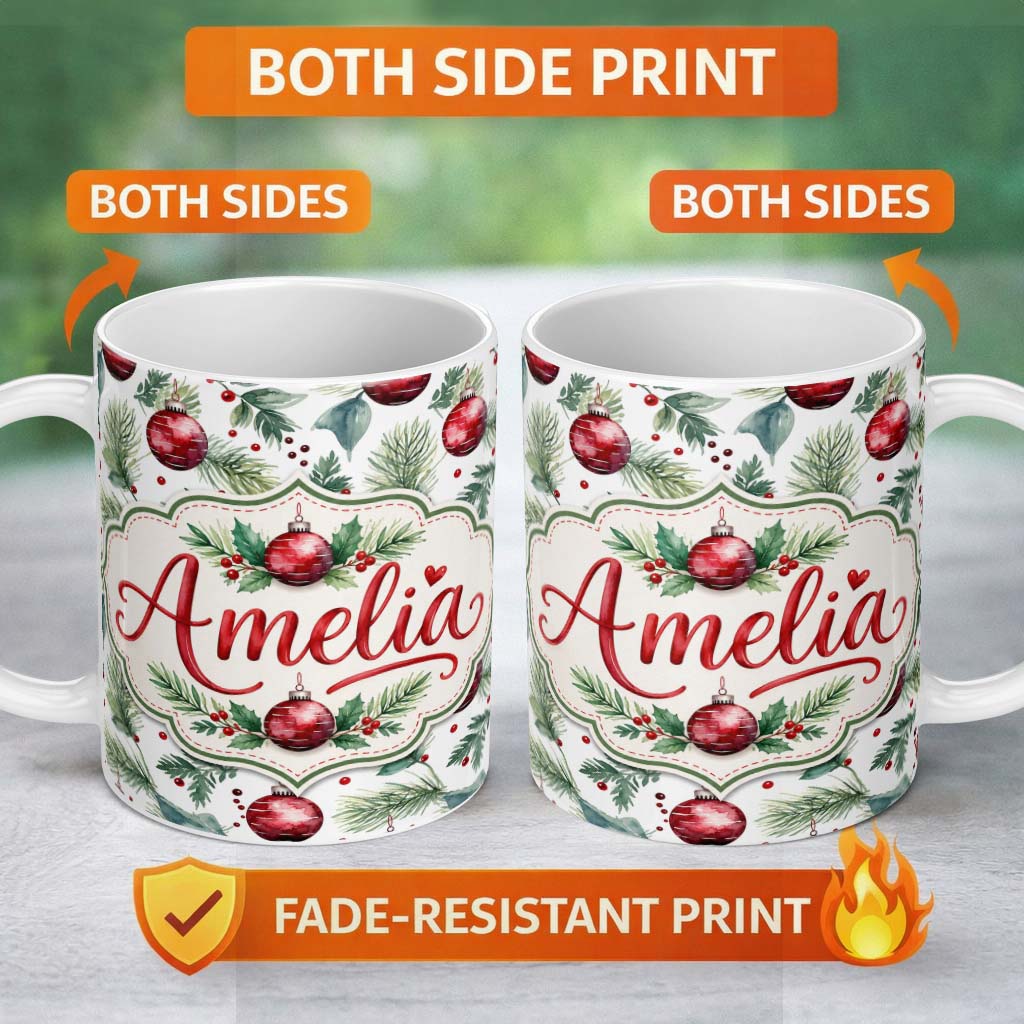Personalized Custom Name Watercolor Red Bauble Pine Leaf Berry Holiday Seamless Pattern 11oz Ceramic Coffee Tea Mug White Large Handle