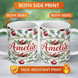 Personalized Custom Name Watercolor Red Bauble Pine Leaf Berry Holiday Seamless Pattern 11oz Ceramic Coffee Tea Mug White Large Handle