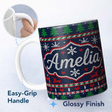 Personalized Custom Name Blue Red Christmas Reindeer Snowflake Knit Seamless Pattern Lovely 11oz Ceramic Coffee Tea Mug White Large Handle