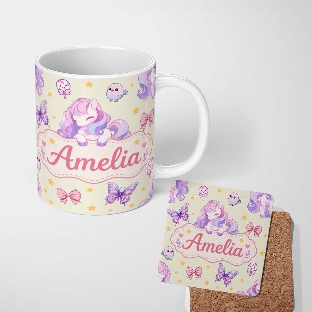 Personalized Custom Name Cute Pastel Unicorn Butterfly Candy Stars Cream Background Seamless 11oz Ceramic Coffee Tea Mug White Large Handle