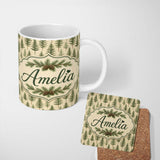 Personalized Custom Name Pine Sprig Pattern on Warm Neutral Background Thoughtful Gift Idea 11oz Ceramic Coffee Tea Mug White Large Handle