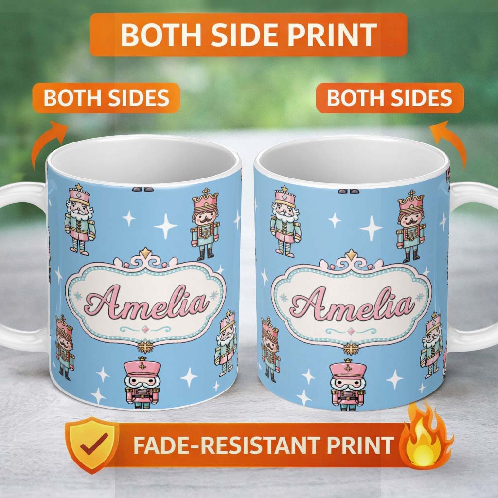 Personalized Custom Name Cute Nutcracker Soldiers Christmas Toy Characters Pattern Blue 11oz Ceramic Coffee Tea Mug White Large Handle