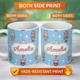 Personalized Custom Name Cute Nutcracker Soldiers Christmas Toy Characters Pattern Blue 11oz Ceramic Coffee Tea Mug White Large Handle