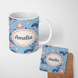 Personalized Custom Name Cute Kawaii Whale Starfish Seashell Ocean Animals Blue Background 11oz Ceramic Coffee Tea Mug White Large Handle