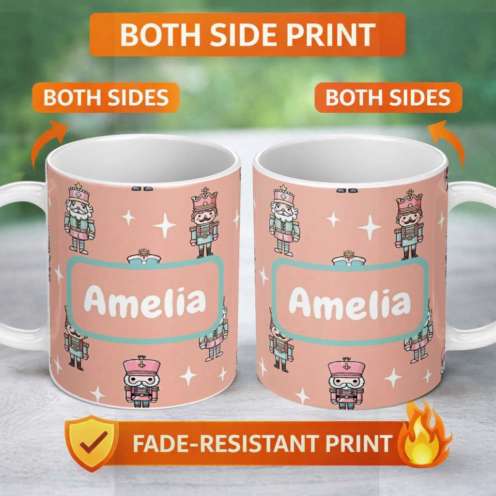 Personalized Custom Name Cute Nutcracker Soldiers Christmas Toy Characters Pattern Beige 11oz Ceramic Coffee Tea Mug White Large Handle