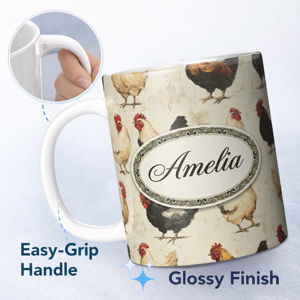 Personalized Custom Name Country Farm Chicken Variety Illustration Seamless Pattern Lovely 11oz Ceramic Coffee Tea Mug White Large Handle