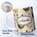 Personalized Custom Name Country Farm Chicken Variety Illustration Seamless Pattern Lovely 11oz Ceramic Coffee Tea Mug White Large Handle