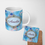 Personalized Custom Name Peacock Feather Iridescent Blue Watercolor Seamless Pattern Lovely 11oz Ceramic Coffee Tea Mug White Large Handle