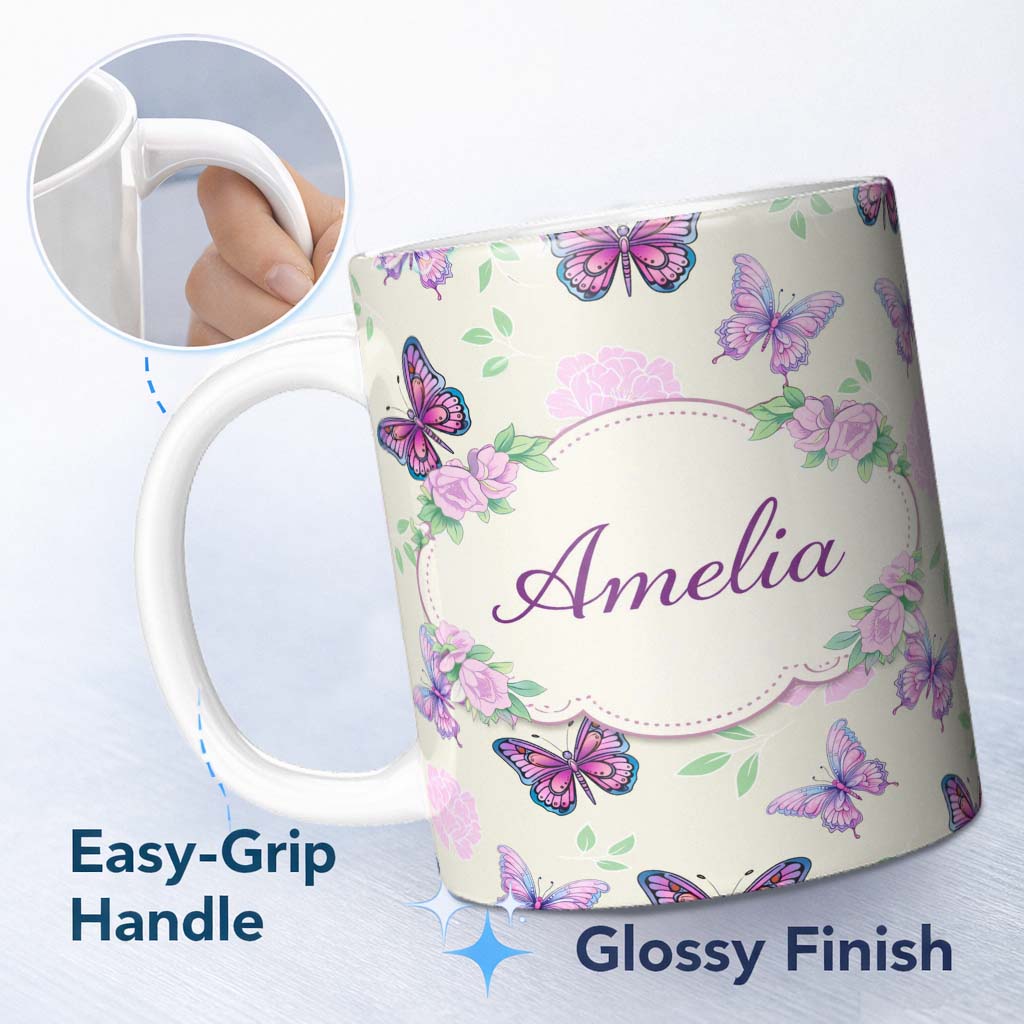 Personalized Custom Name Pink Purple Butterfly Floral Beige Background Seamless Pattern 11oz Ceramic Coffee Tea Mug White Large Handle