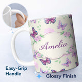 Personalized Custom Name Pink Purple Butterfly Floral Beige Background Seamless Pattern 11oz Ceramic Coffee Tea Mug White Large Handle
