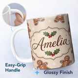 Personalized Custom Name Gingerbread Cookies Holly Leaves Festive Christmas Seamless Pattern 11oz Ceramic Coffee Tea Mug White Large Handle