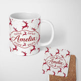 Personalized Custom Name Elegant Red Reindeer Gold Splash Festive Christmas Seamless Pattern 11oz Ceramic Coffee Tea Mug White Large Handle