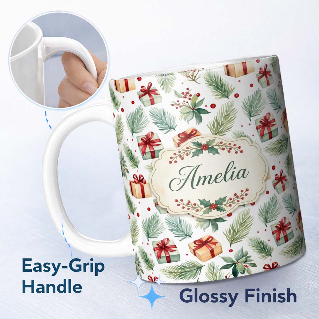 Personalized Custom Name Watercolor Pine Branch Gift Box Holly Berry Christmas Seamless 11oz Ceramic Coffee Tea Mug White Large Handle