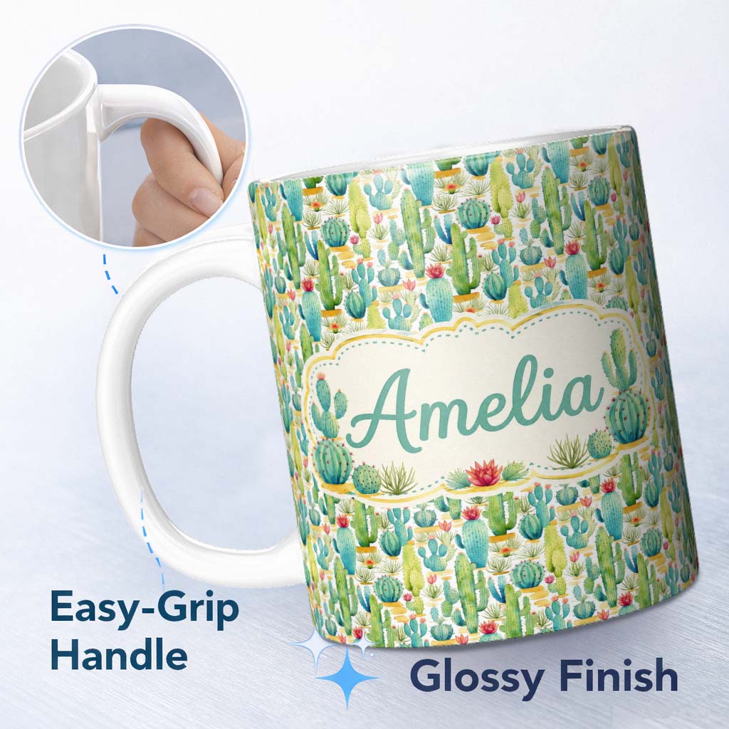 Personalized Custom Name Colorful Desert Cactus Garden Watercolor Botanical Seamless Pattern 11oz Ceramic Coffee Tea Mug White Large Handle