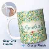 Personalized Custom Name Colorful Desert Cactus Garden Watercolor Botanical Seamless Pattern 11oz Ceramic Coffee Tea Mug White Large Handle