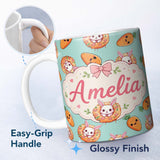 Personalized Custom Name Cute Easter Bunny Carrot Donut Hearts Seamless Pattern Mint Green 11oz Ceramic Coffee Tea Mug White Large Handle