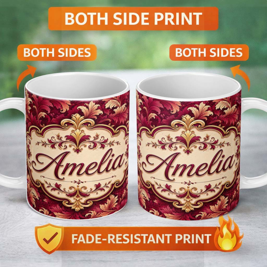 Personalized Custom Name Luxury Red and Gold Ornate Floral Baroque Seamless Pattern Lovely 11oz Ceramic Coffee Tea Mug White Large Handle