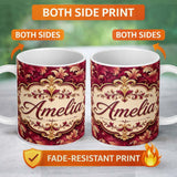 Personalized Custom Name Luxury Red and Gold Ornate Floral Baroque Seamless Pattern Lovely 11oz Ceramic Coffee Tea Mug White Large Handle