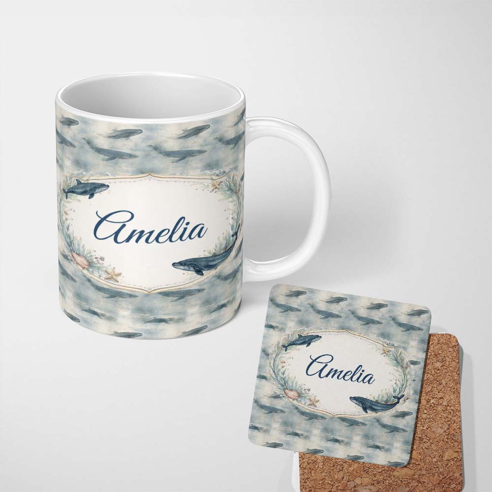 Personalized Custom Name Deep Teal Whale Seamless Pattern Minimal Marine Animal Ocean Design 11oz Ceramic Coffee Tea Mug White Large Handle