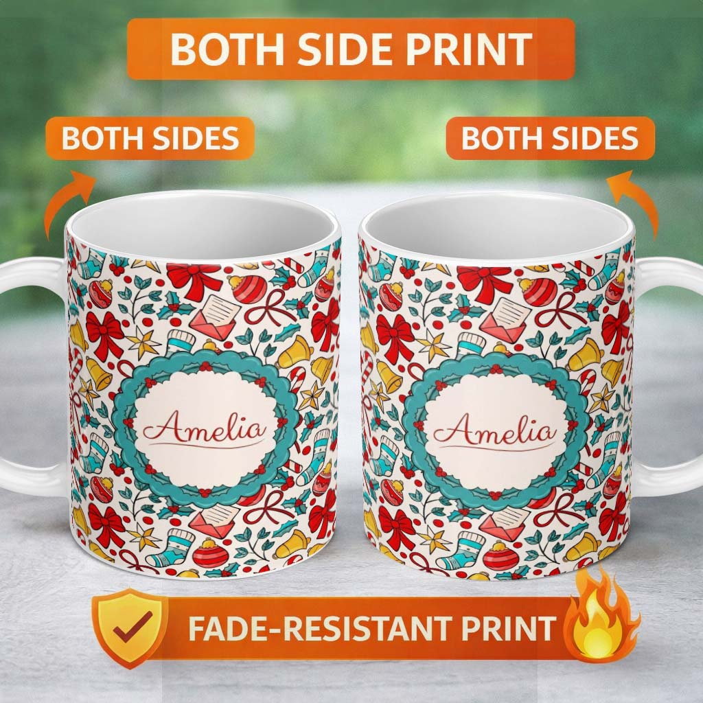Personalized Custom Name Holiday Bells Bows Stockings Candy Cane Christmas Seamless Pattern 11oz Ceramic Coffee Tea Mug White Large Handle