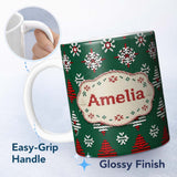 Personalized Custom Name Cute Green Knitted Christmas Tree Reindeer Snowflake Nordic Seamless 11oz Ceramic Coffee Tea Mug White Large Handle