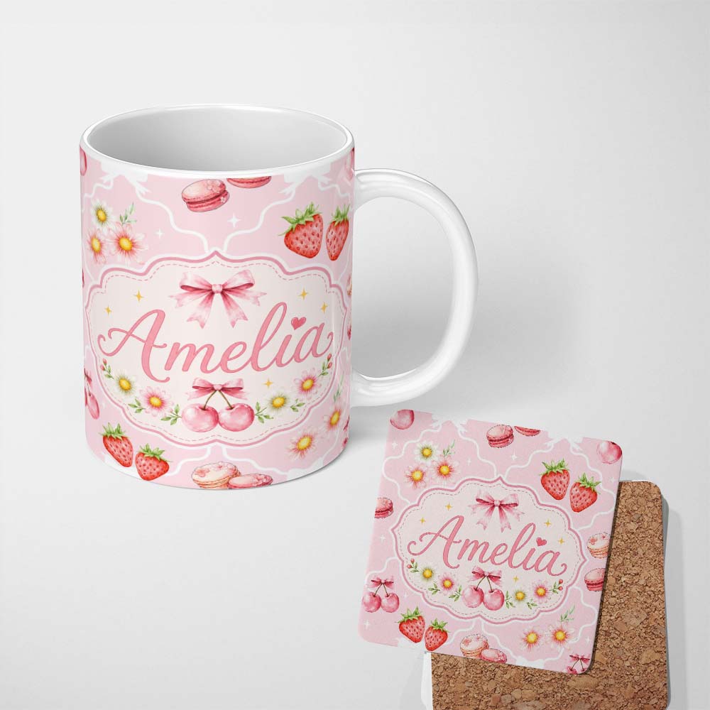 Personalized Custom Name Strawberry Cherry Daisy Floral Bow Sweet Dessert Light Rose Pink 11oz Ceramic Coffee Tea Mug White Large Handle