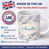 Personalized Custom Name Vintage Chrysanthemum Floral Seamless Pattern Beige and Gold Lovely 11oz Ceramic Coffee Tea Mug White Large Handle