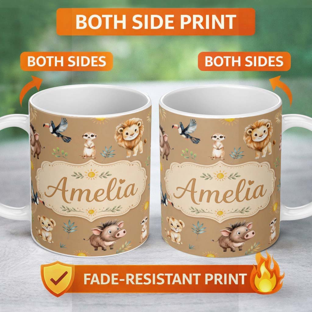 Personalized Custom Name Cute Safari Animals Lion Meerkat Toucan Neutral Seamless Pattern 11oz Ceramic Coffee Tea Mug White Large Handle