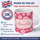 Personalized Custom Name White Daisy Floral Pattern on Bright Pink Background Seamless Lovely 11oz Ceramic Coffee Tea Mug White Large Handle