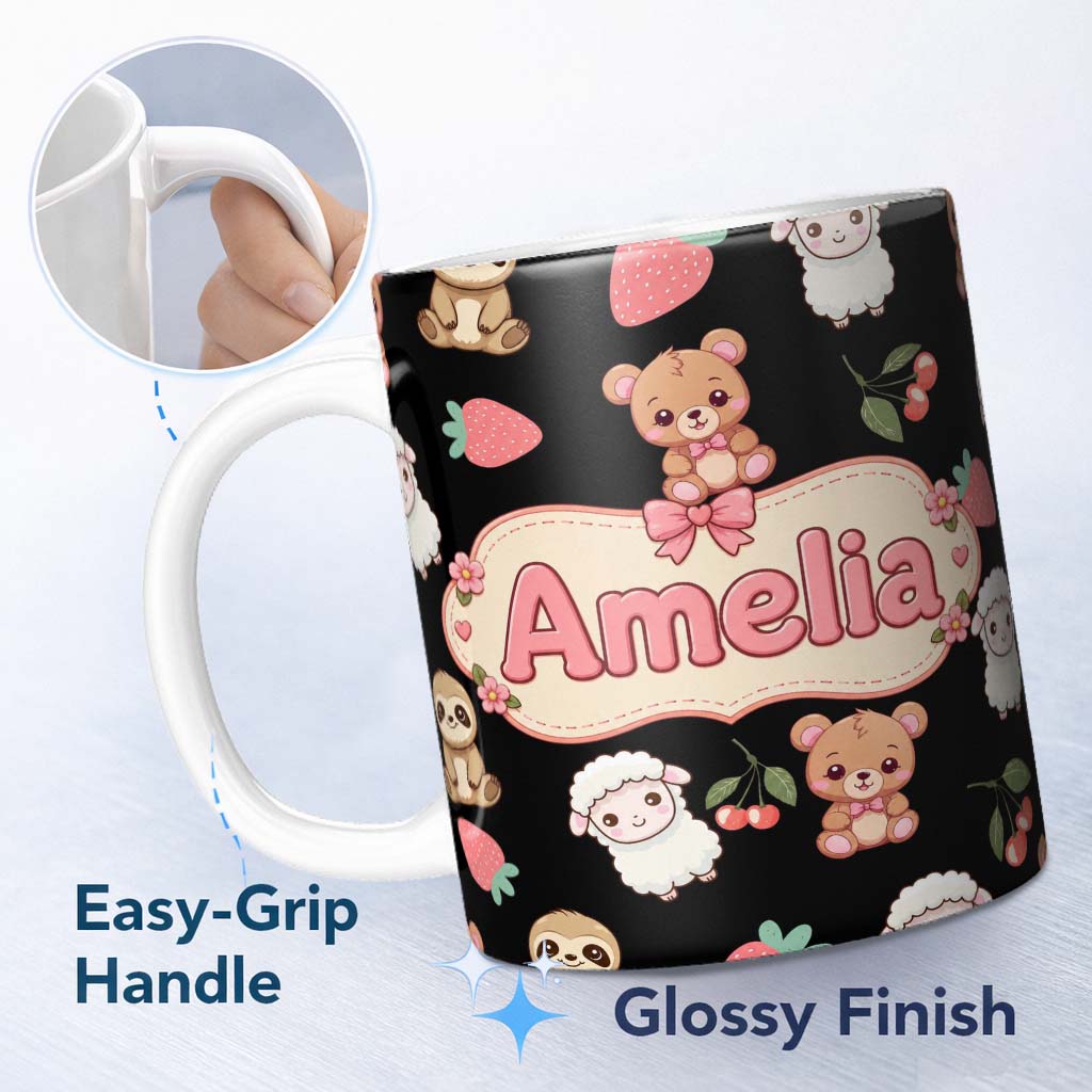 Personalized Custom Name Cute Bear Sloth Lamb Cherry Strawberry Seamless Pattern on Black 11oz Ceramic Coffee Tea Mug White Large Handle