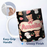 Personalized Custom Name Cute Bear Sloth Lamb Cherry Strawberry Seamless Pattern on Black 11oz Ceramic Coffee Tea Mug White Large Handle