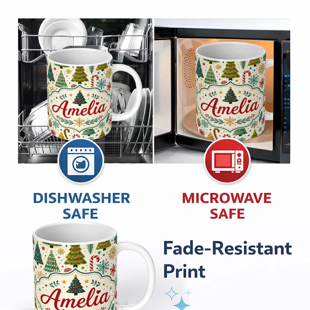 Personalized Custom Name Vintage Style Christmas Trees Snowflakes Candy Cane Seamless Pattern 11oz Ceramic Coffee Tea Mug White Large Handle