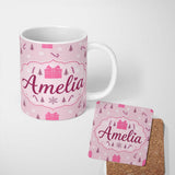 Personalized Custom Name Cute Pink Gift Box Candy Cane Snowflake Seamless Pattern Lovely 11oz Ceramic Coffee Tea Mug White Large Handle