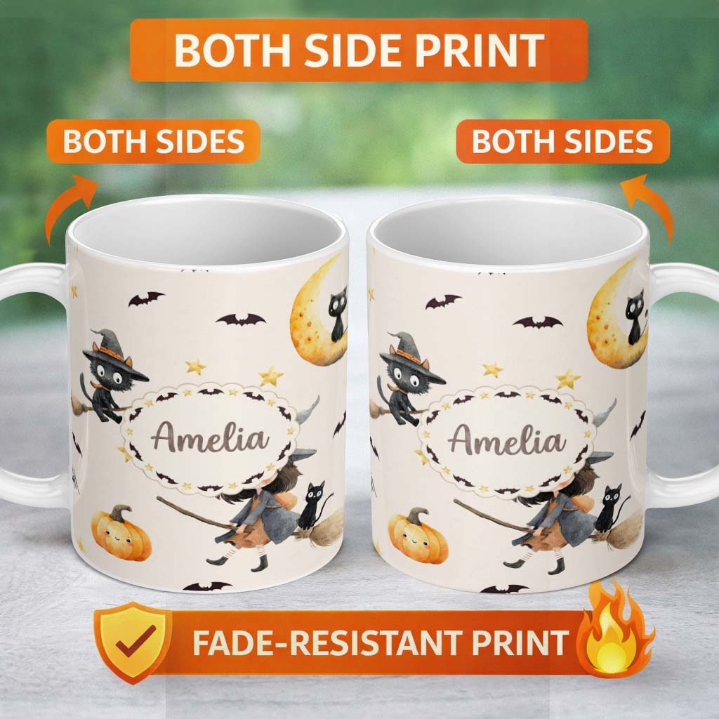 Personalized Custom Name Cute Witch Girl and Black Cat with Stars and Moon Beige Background 11oz Ceramic Coffee Tea Mug White Large Handle