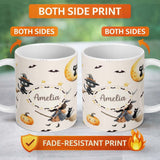 Personalized Custom Name Cute Witch Girl and Black Cat with Stars and Moon Beige Background 11oz Ceramic Coffee Tea Mug White Large Handle