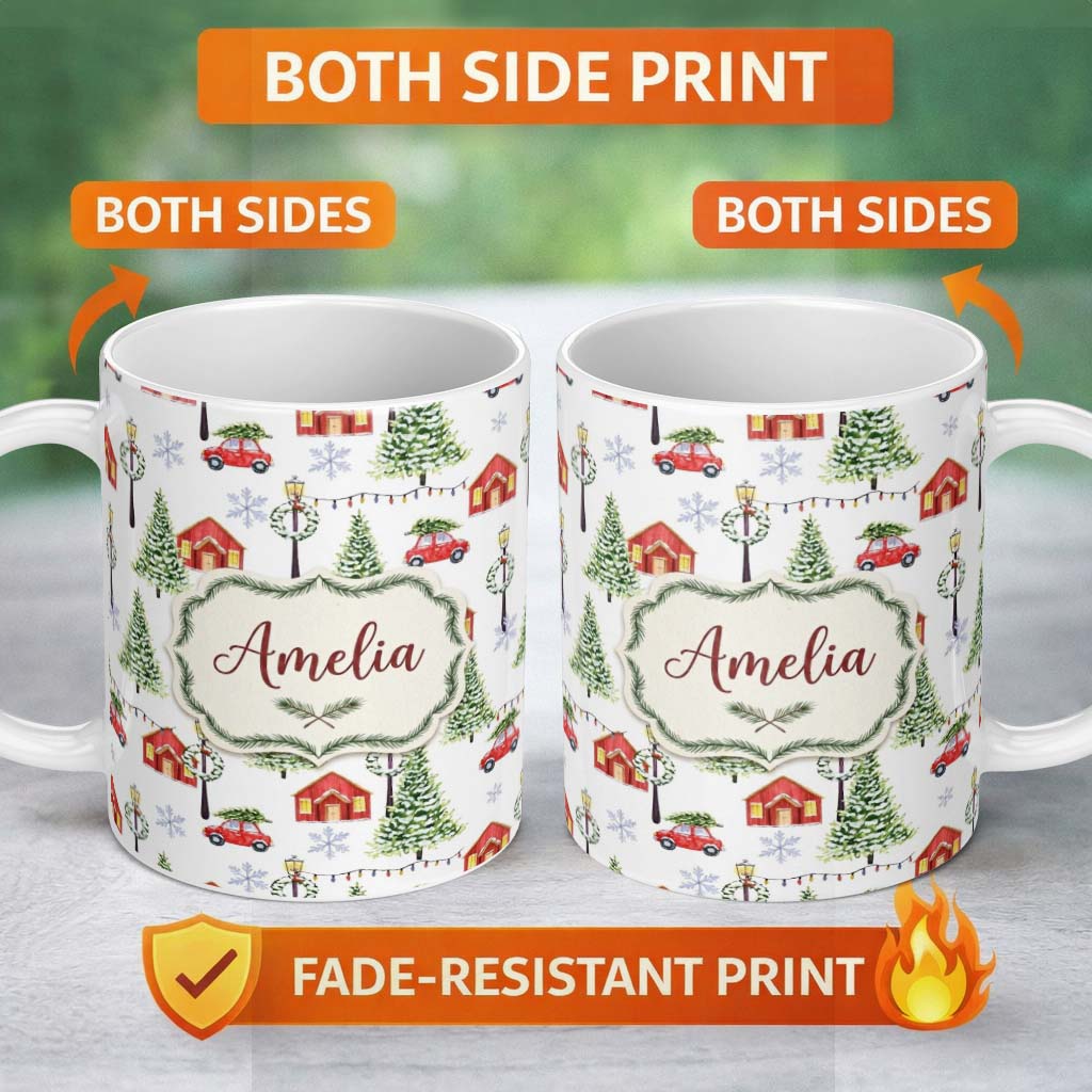 Personalized Custom Name Watercolor Christmas Village with Red Houses Cars and Snowy Trees 11oz Ceramic Coffee Tea Mug White Large Handle