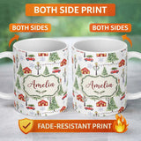 Personalized Custom Name Watercolor Christmas Village with Red Houses Cars and Snowy Trees 11oz Ceramic Coffee Tea Mug White Large Handle