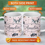Personalized Custom Name Cute Watercolor Bats and Stars Seamless Pattern Blush Pink Lovely 11oz Ceramic Coffee Tea Mug White Large Handle