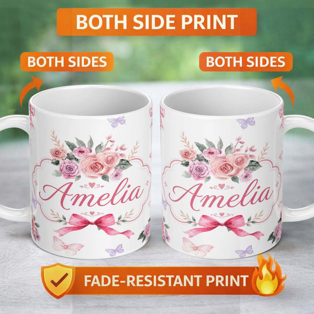 Personalized Custom Name Elegant Watercolor Rose Bouquet Ribbon Butterfly Light Grey Lovely 11oz Ceramic Coffee Tea Mug White Large Handle