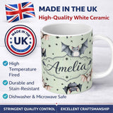 Personalized Custom Name Cute Watercolor Bats and Stars Seamless Pattern Soft Green Lovely 11oz Ceramic Coffee Tea Mug White Large Handle