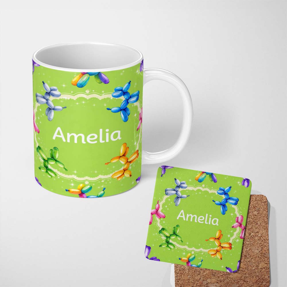 Personalized Custom Name Balloon Dog Seamless Pattern Green Background Colorful Party Design 11oz Ceramic Coffee Tea Mug White Large Handle