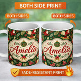 Personalized Custom Name Festive Santa Reindeer Socks and Candy Canes Christmas Green Lovely 11oz Ceramic Coffee Tea Mug White Large Handle