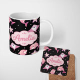 Personalized Custom Name Cute Pink Dolphins and Starfish Seamless Ocean Pattern Light Grey 11oz Ceramic Coffee Tea Mug White Large Handle